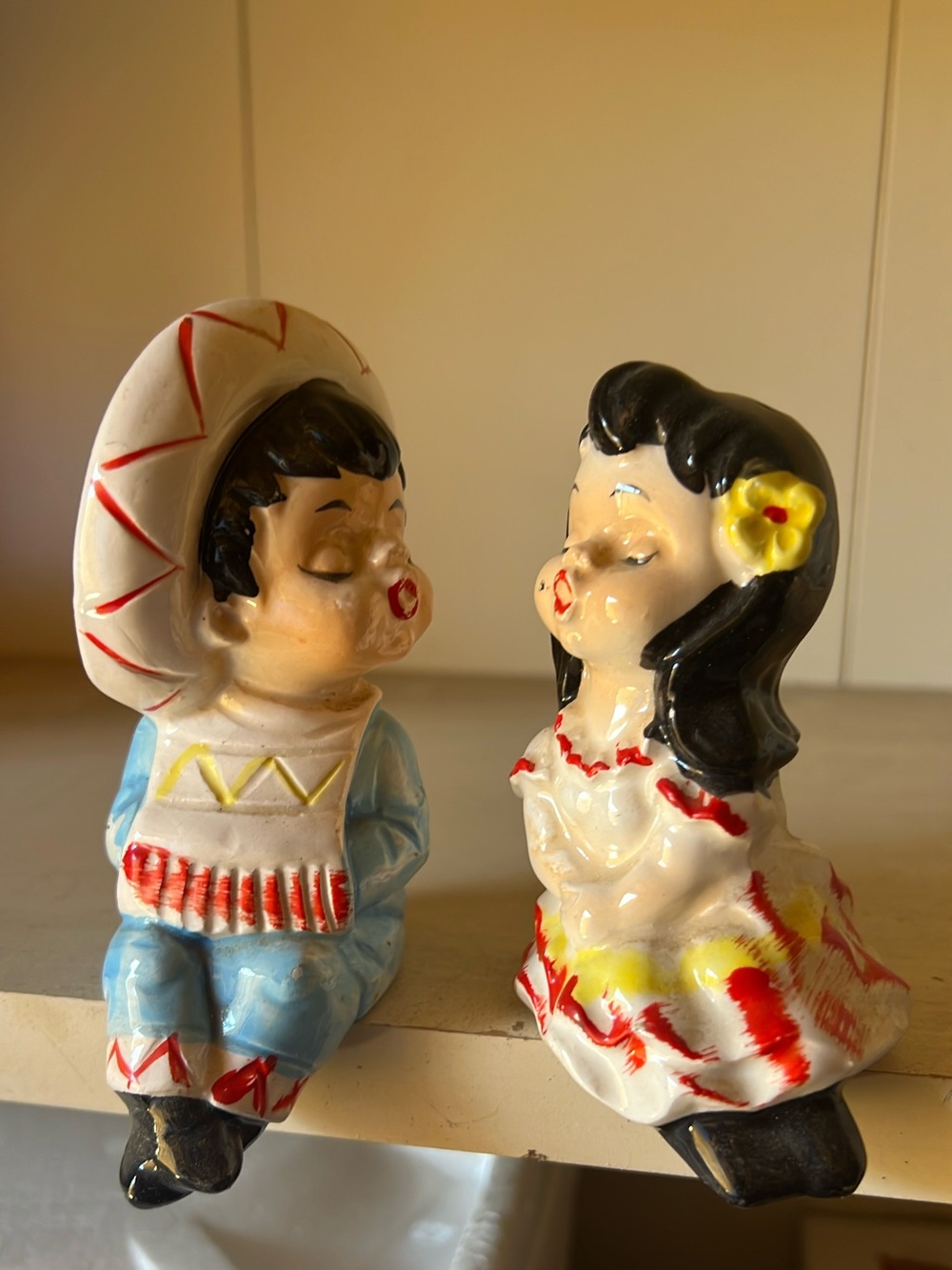 Vintage Ceramic Kissing Couple Figurines in Cream, Red & Blue
